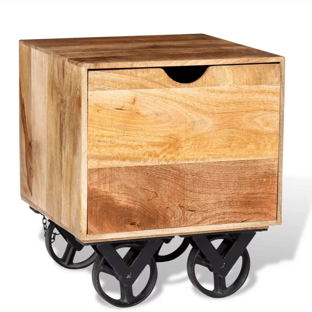 Solid Mango Wood Side Table with Drawer Wheels W549