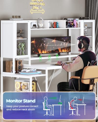 White 74.8'' Gaming Desk with LED Lights, Hutch and Storage Shelves K1985