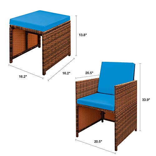 9 Pieces Patio Dining Set Rattan Chairs Glass Table Cushioned Seating Q124