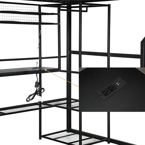 Full Size Black Metal Loft Bed with Desk and Shelves P35328