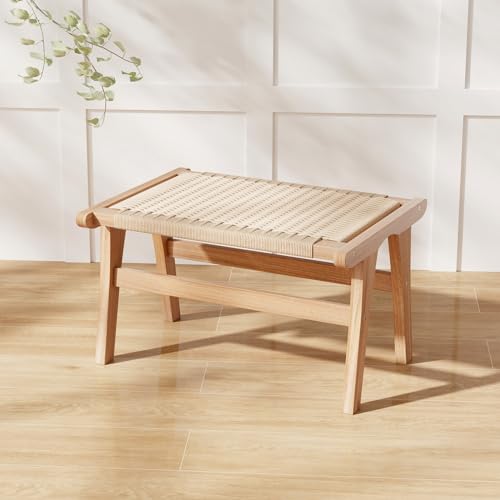 Natural Teak Wood Ottoman Footstool with Braided Rope, 14" H Y1770