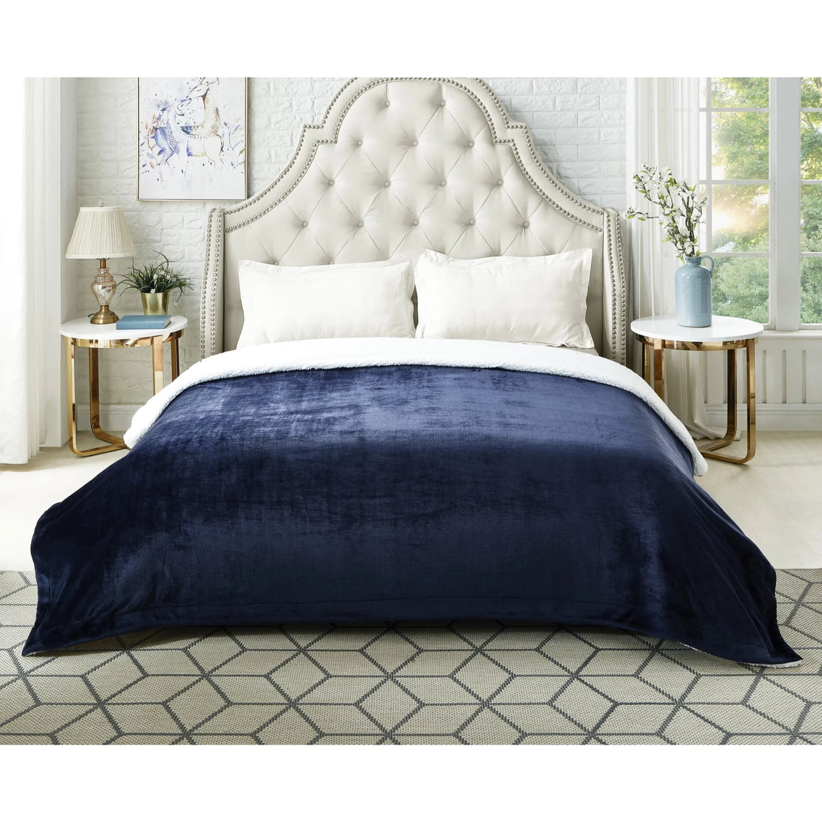 Flannel Reversible Sherpa Throw Blanket 60"x 80" Navy I61450