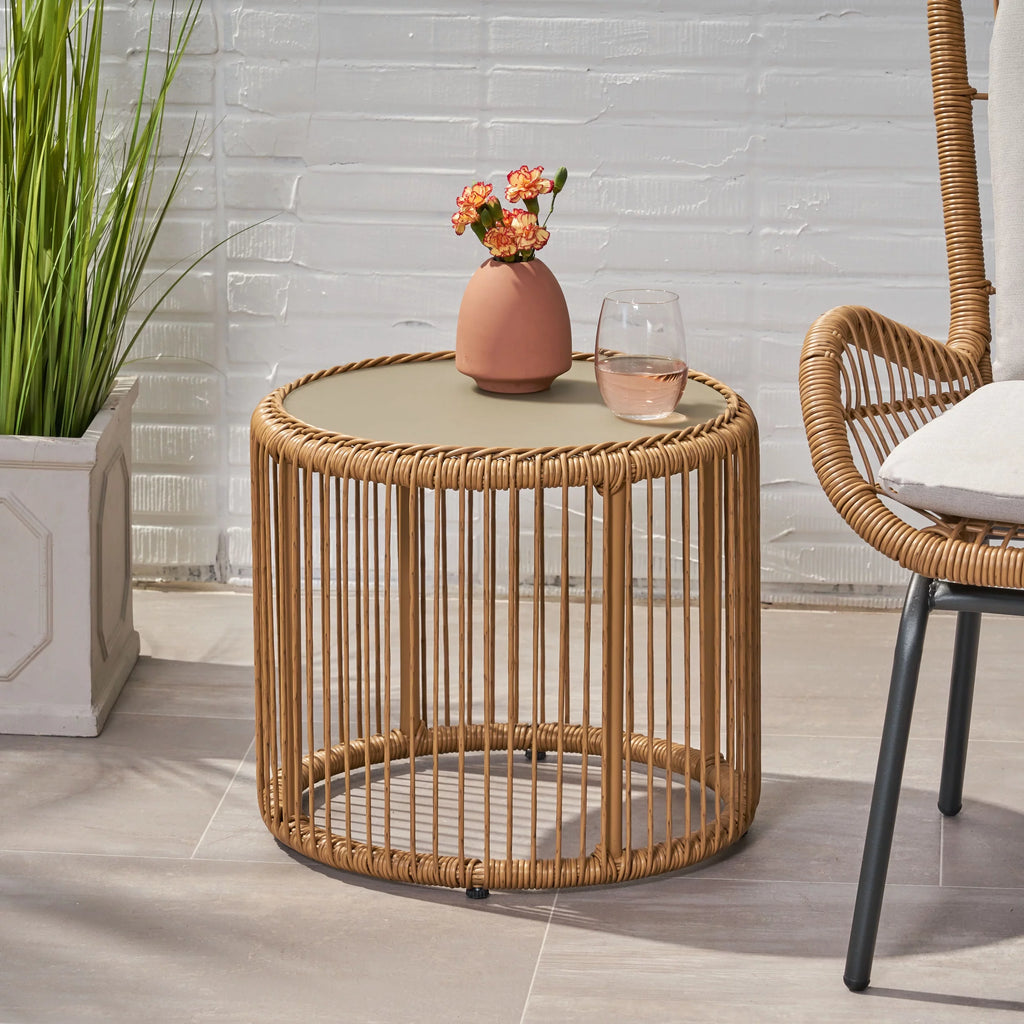 Light Brown Wicker Side Table with Tempered Glass Top W29349