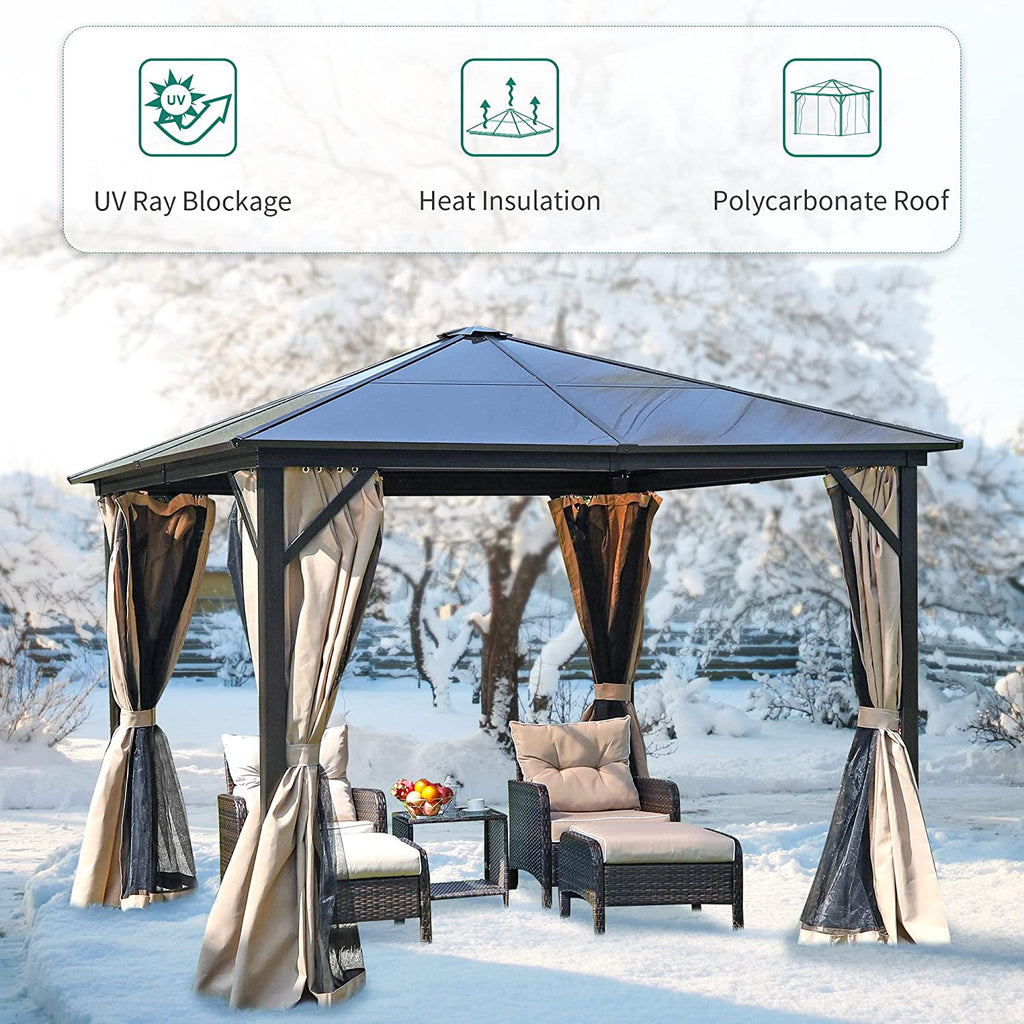 10x12 ft Gazebo Hardtop Outdoor Canopy with Netting and Shaded Curtains, Aluminum Frame Polycarbonate Hardtop F176