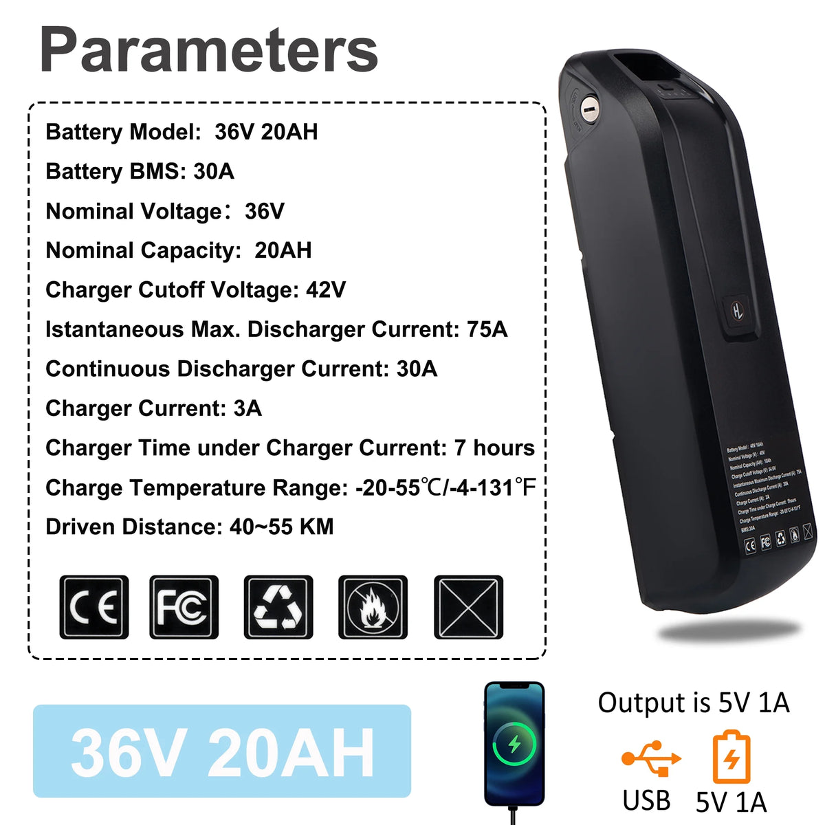 36V 20Ah Lithium Ebike Battery with 3A Charger Q11700