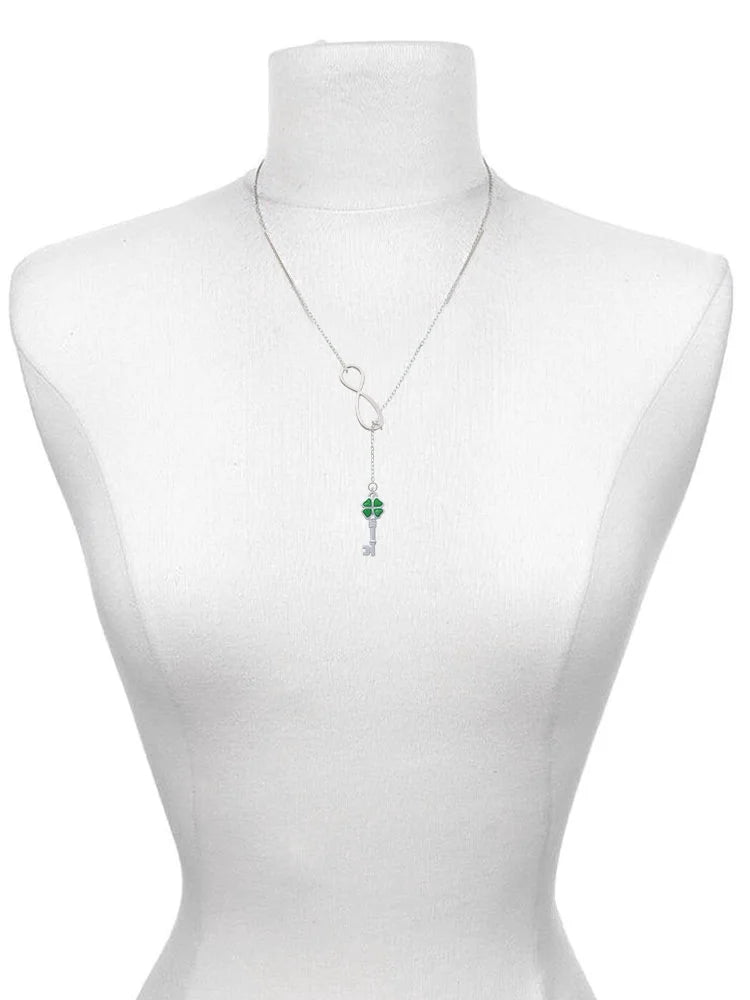 Silvertone Translucent Green Four Leaf Clover Key Infinity Lariat Necklace Z982386