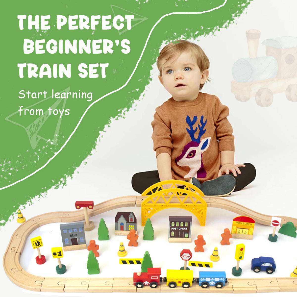 60Pcs Double-Side Wooden Train Set V553
