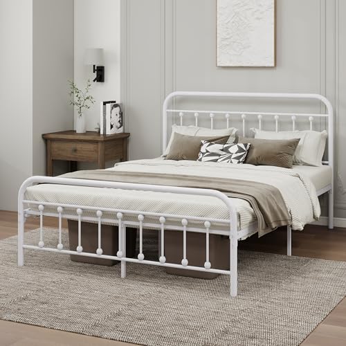 White Metal Full Size Bed Frame with Headboard Footboard O873
