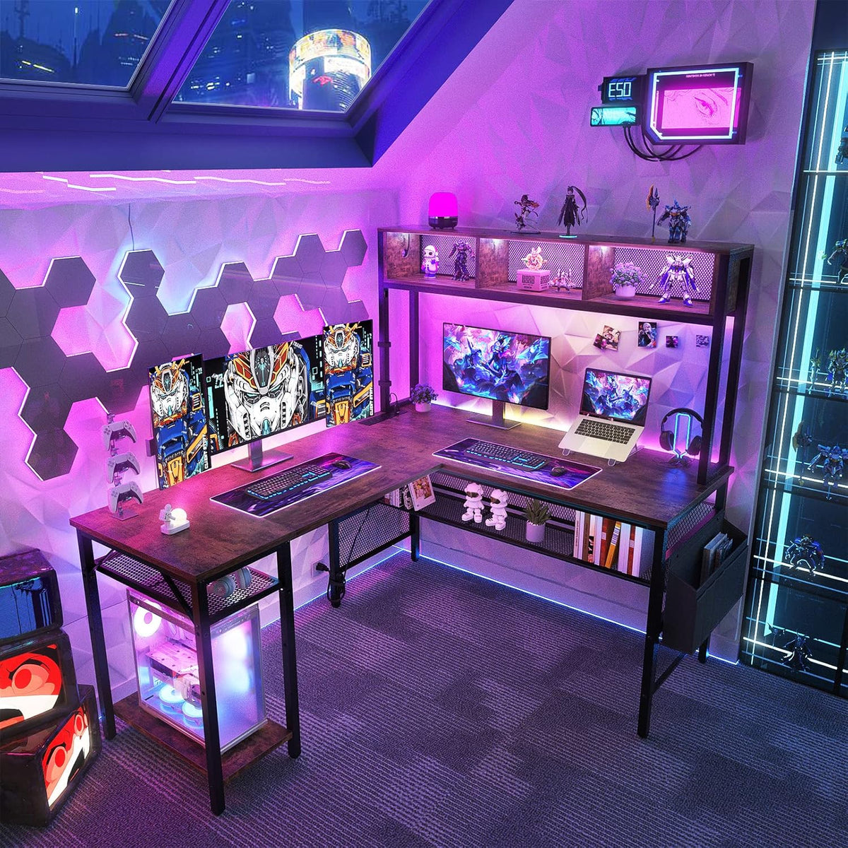 55 Inch L Shaped Gaming Desk with LED Lights & Power Outlets, Rustic Brown H695079