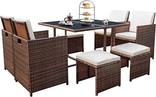 9 Pieces Patio Dining Set Rattan Chairs Glass Table Cushioned Seating Q124