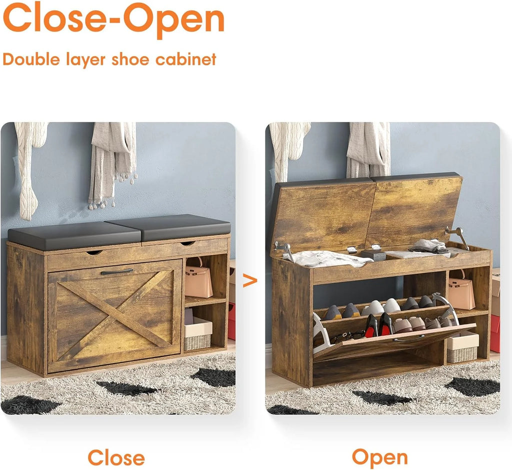 Rustic Brown Shoe Storage Bench with Flip Drawer C573632