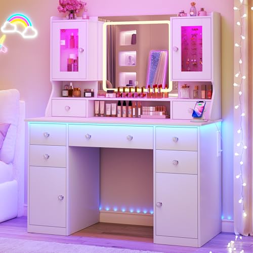 White Vanity Desk with Mirror and Lights F434