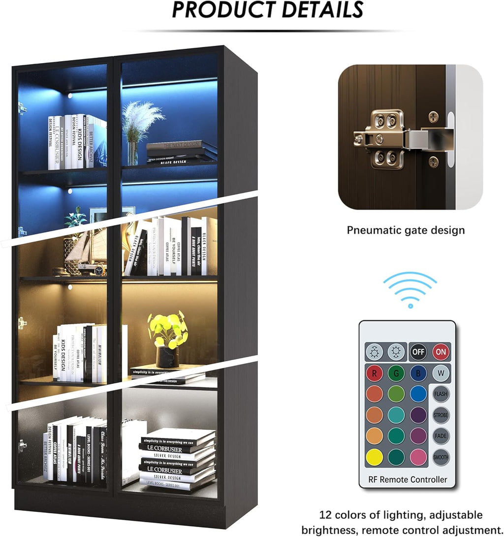 Black 4-Tier Display Cabinet with Glass Doors and Lights F679