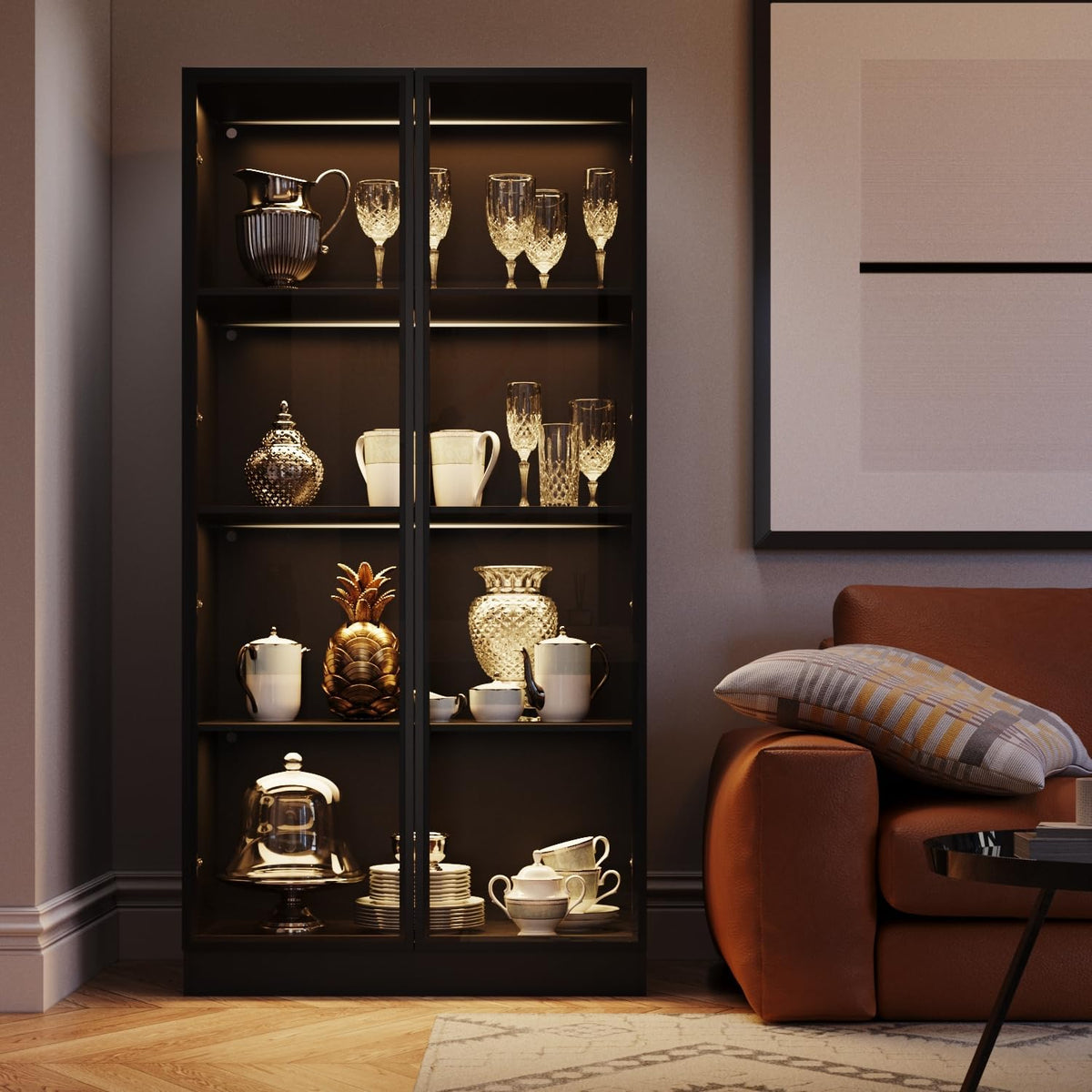 Black 4-Tier Display Cabinet with Glass Doors and Lights F679