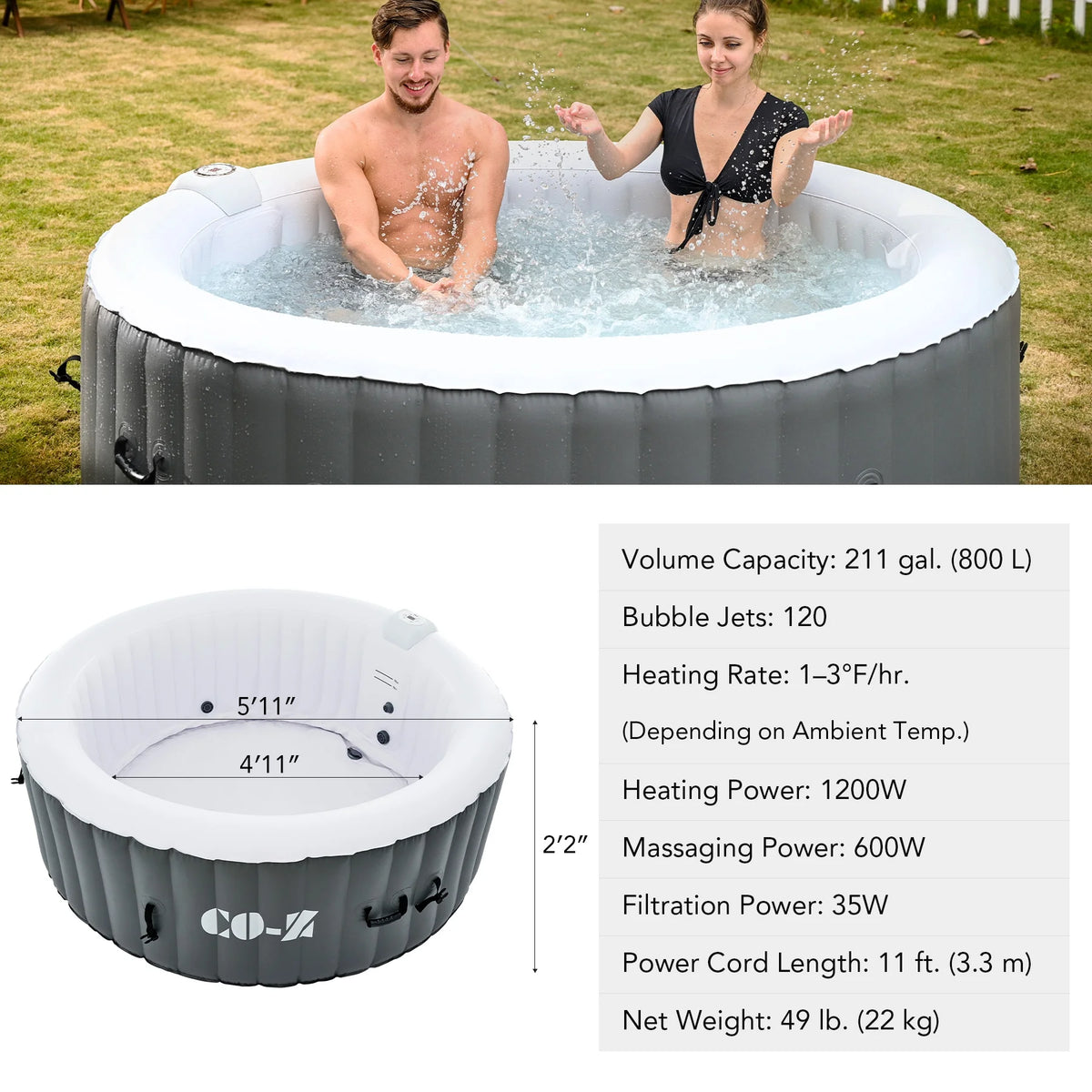 4 Person 6ft Inflatable Hot Tub Pool with Massage Jets A708448