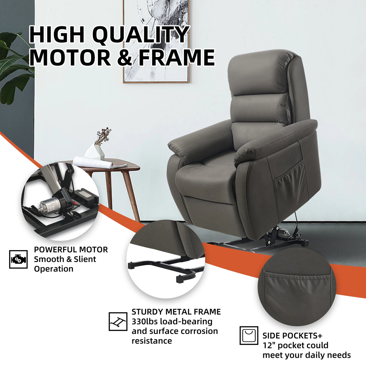 Large Power Lift Recliner with Massage and Heat, Fabric (Darkgrey) B5726