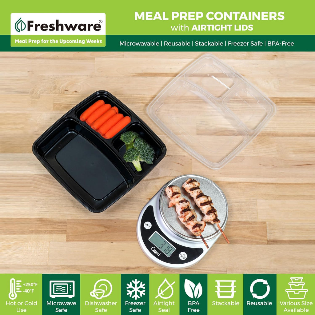 20 Count 3 Compartment BPA Free Food Containers with Lids V616