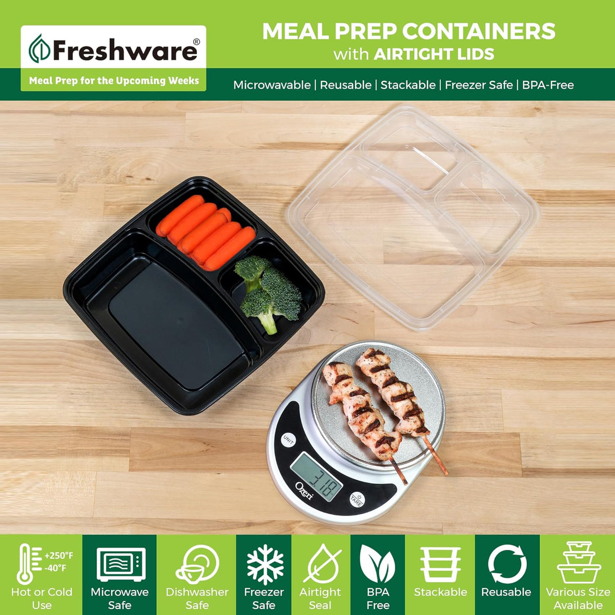 20 Count 3 Compartment BPA Free Food Containers with Lids V616