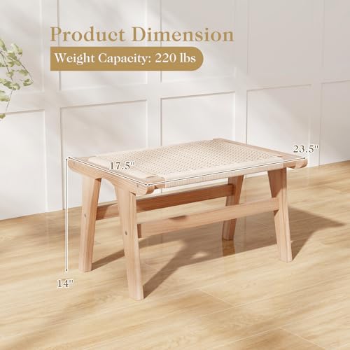 Natural Teak Wood Ottoman Footstool with Braided Rope, 14" H Y1770