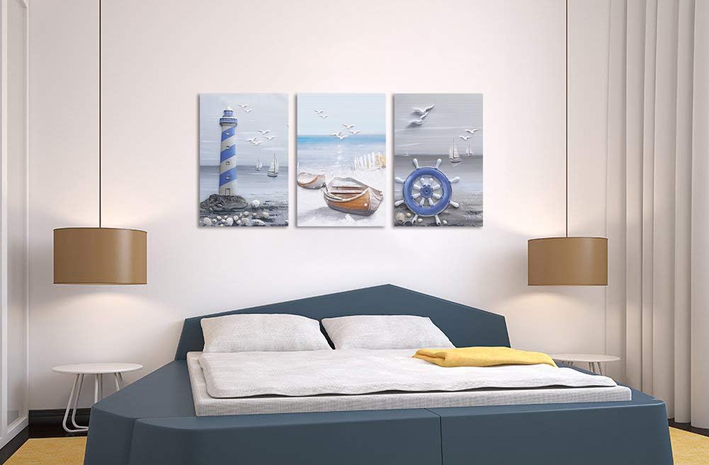 Coastal Beach Lighthouse Sailboat Painting 16x24x3 Panels B61228