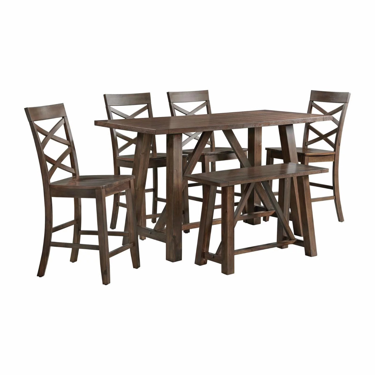 6PC Counter Height Cherry Dining Set with Table, 4 Side Chairs and Bench W89167