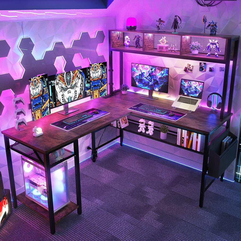 55 Inch L Shaped Gaming Desk with LED Lights & Power Outlets, Rustic Brown H695079