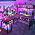 55 Inch L Shaped Gaming Desk with LED Lights & Power Outlets, Rustic Brown H695079
