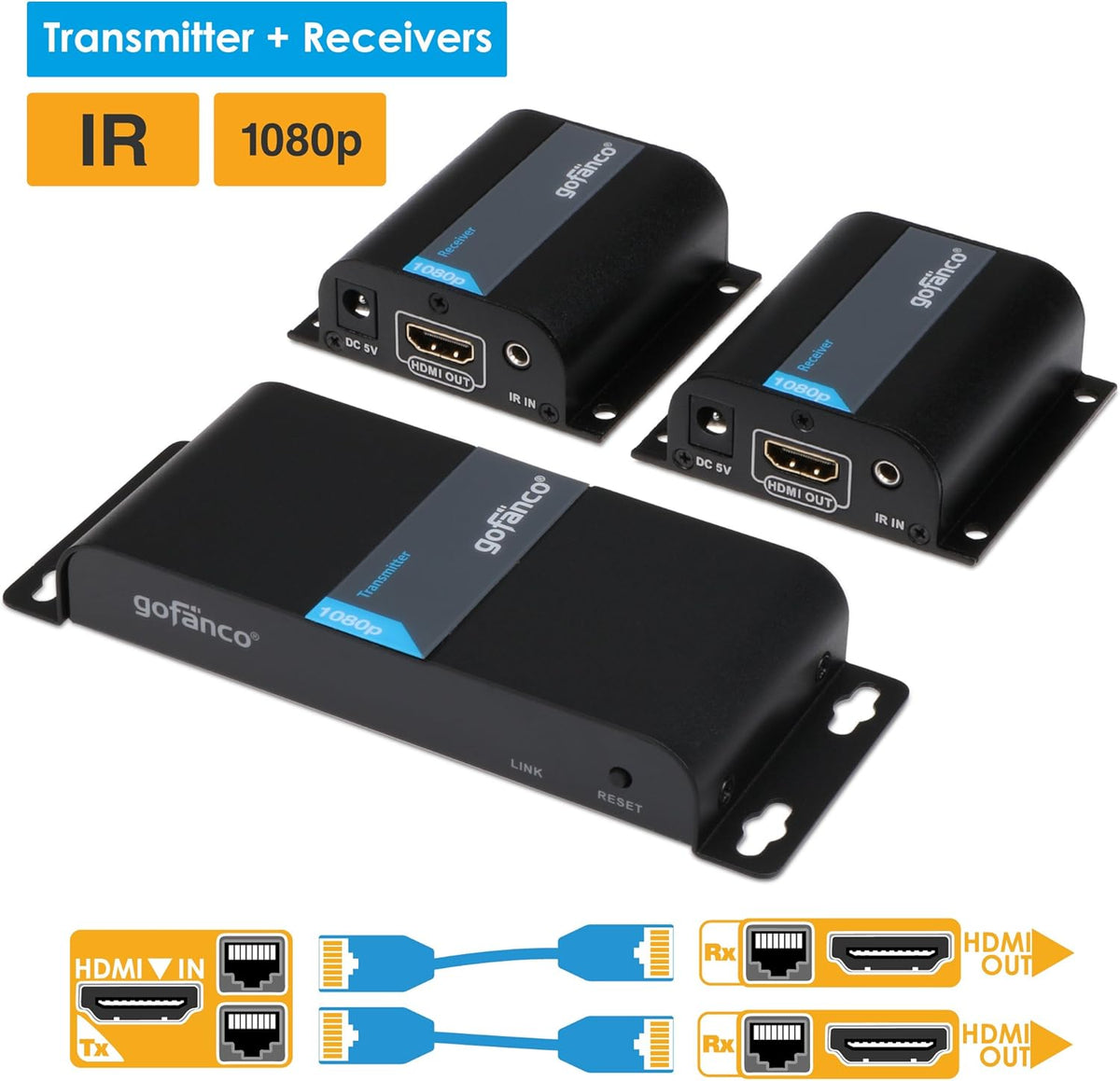 130ft 1080p 1x2 HDMI Extender Splitter Over Ethernet Cable with IR Remote Control W249436