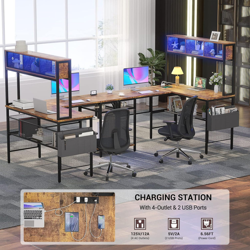 55 Inch L Shaped Gaming Desk with LED Lights & Power Outlets, Rustic Brown H695079