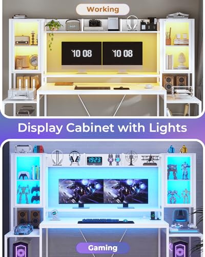 White 74.8'' Gaming Desk with LED Lights, Hutch and Storage Shelves K1985