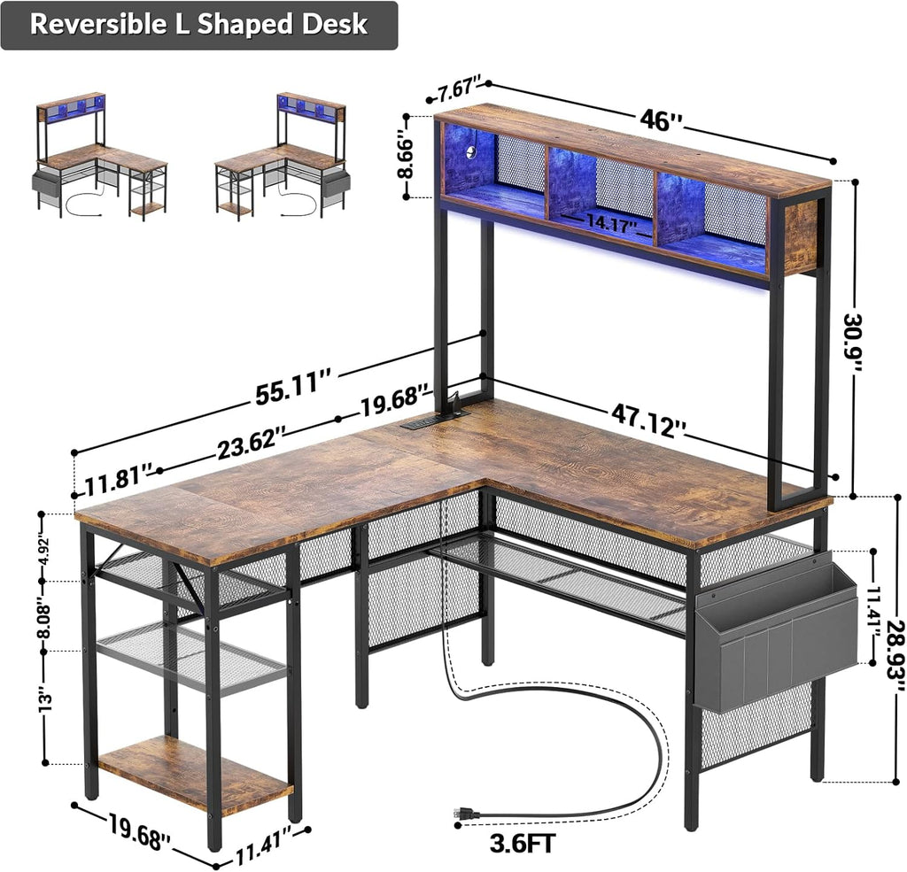 55 Inch L Shaped Gaming Desk with LED Lights & Power Outlets, Rustic Brown H695079