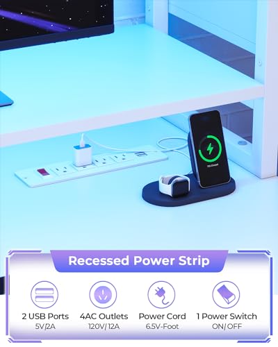 White 74.8'' Gaming Desk with LED Lights, Hutch and Storage Shelves K1985