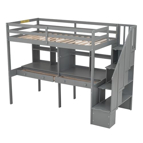 Gray Full Size Wood Loft Bed with Desk, Wardrobe and Three Storage Drawers M195290