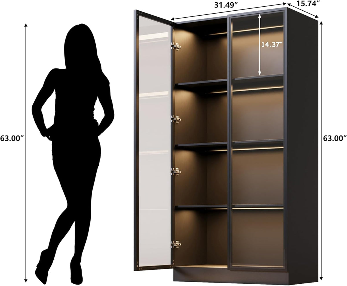Black 4-Tier Display Cabinet with Glass Doors and Lights F679