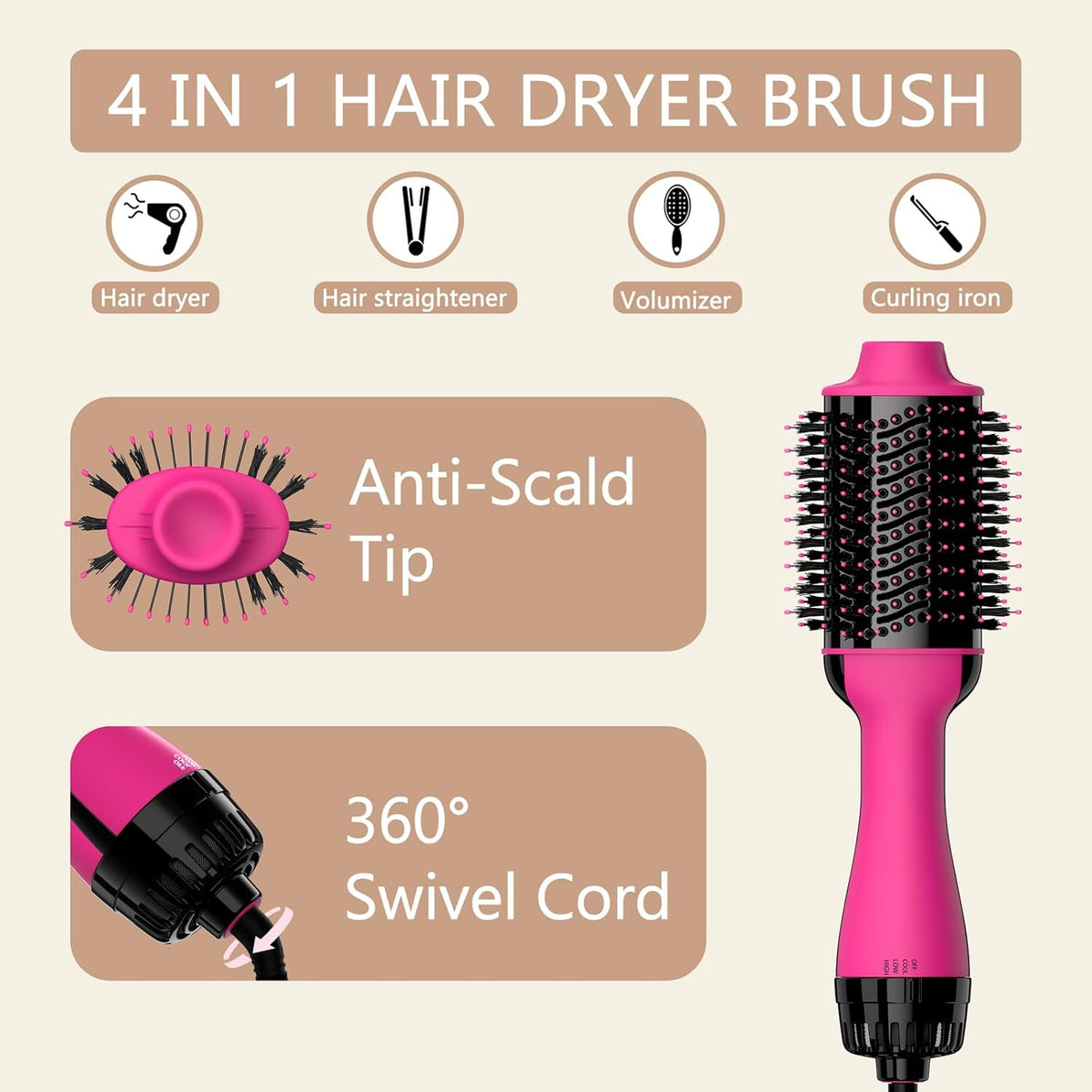 4 in 1 Hot Air Brush with Ceramic Titanium Barrel E622