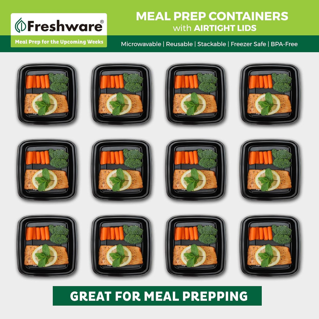 20 Count 3 Compartment BPA Free Food Containers with Lids V616