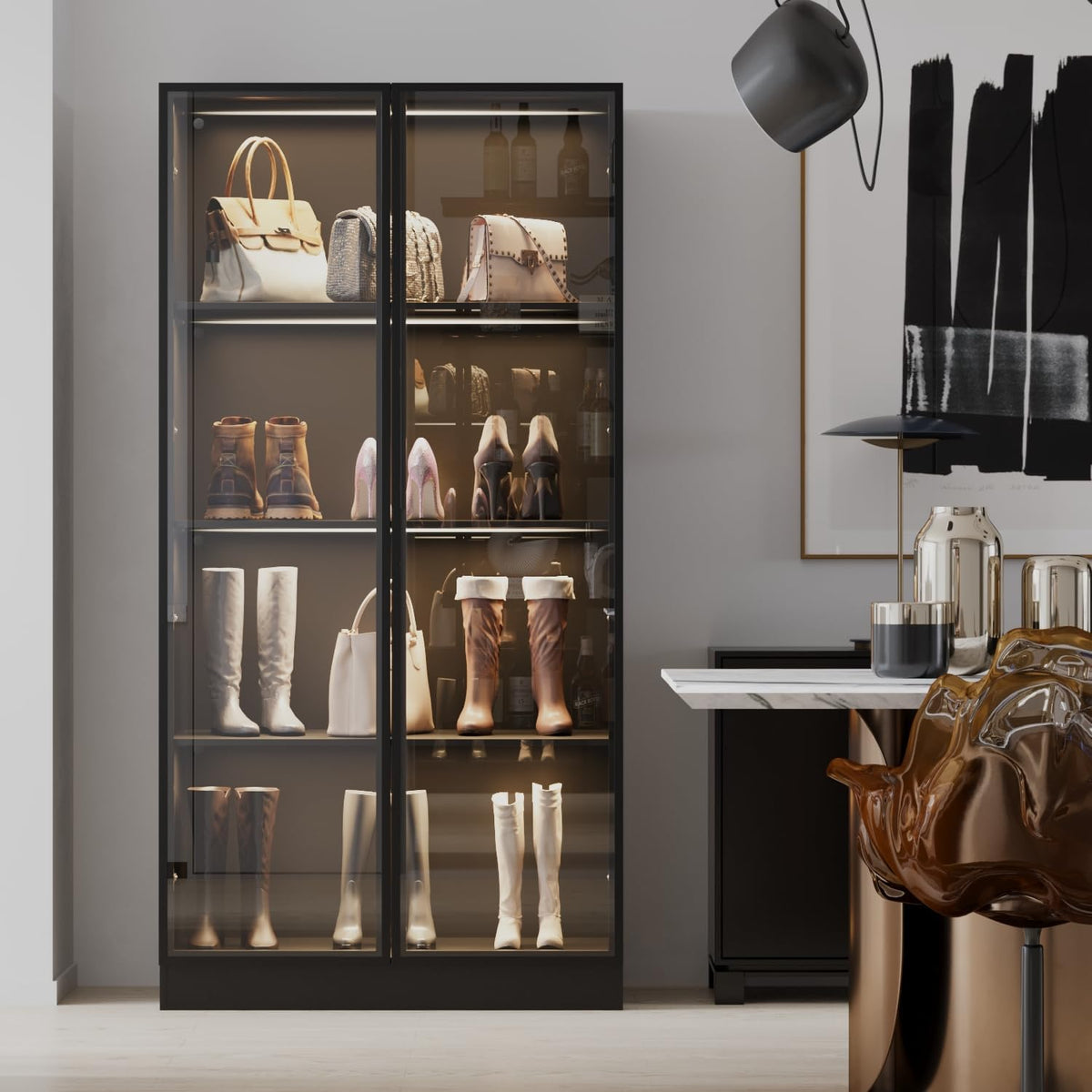 Black 4-Tier Display Cabinet with Glass Doors and Lights F679