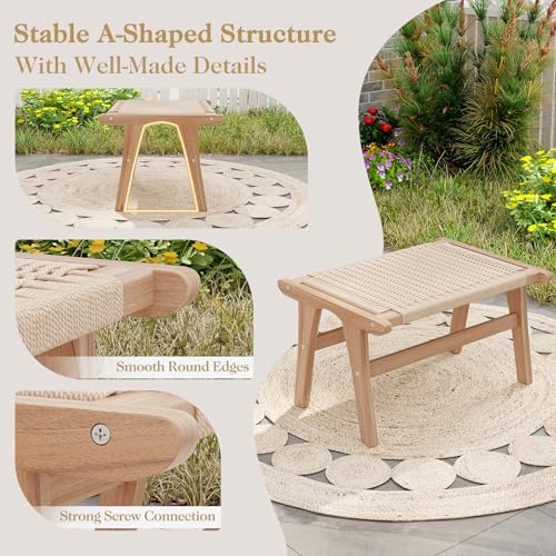 Natural Teak Wood Ottoman Footstool with Braided Rope, 14" H Y1770