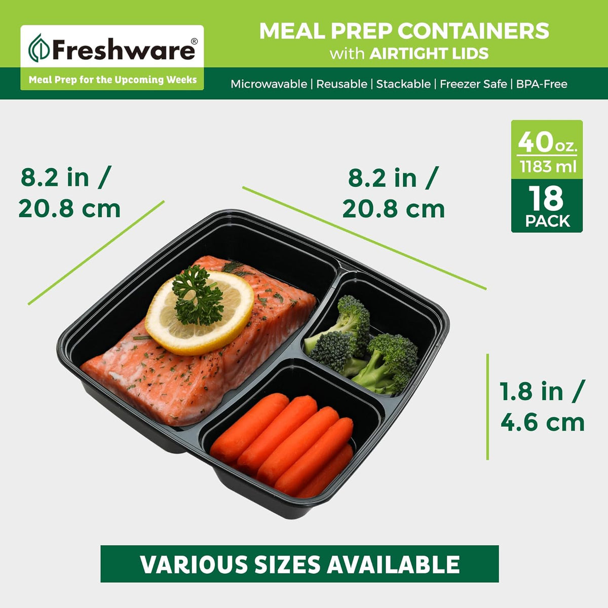 20 Count 3 Compartment BPA Free Food Containers with Lids V616