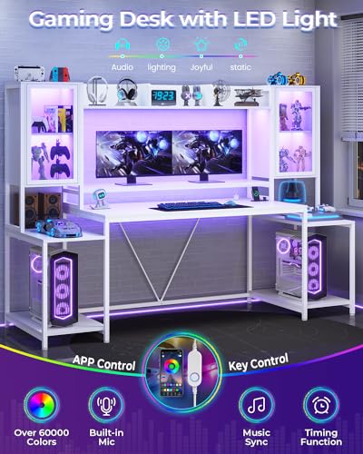 White 74.8'' Gaming Desk with LED Lights, Hutch and Storage Shelves K1985