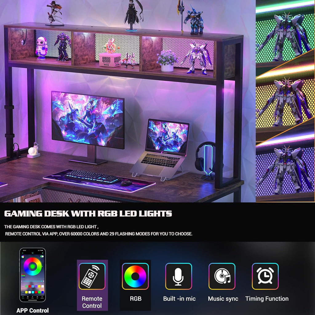 55 Inch L Shaped Gaming Desk with LED Lights & Power Outlets, Rustic Brown H695079