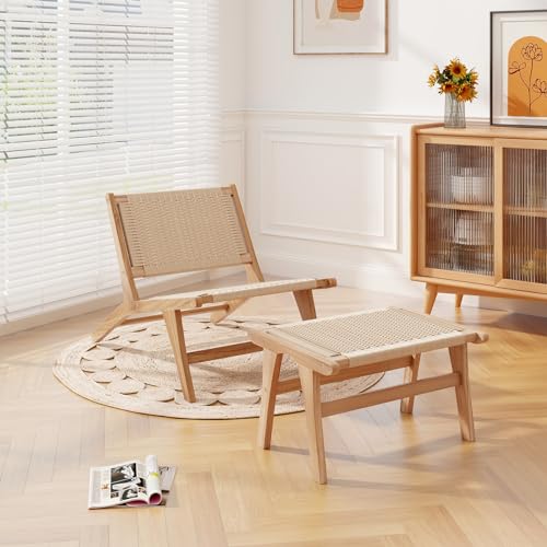 Natural Teak Wood Ottoman Footstool with Braided Rope, 14" H Y1770