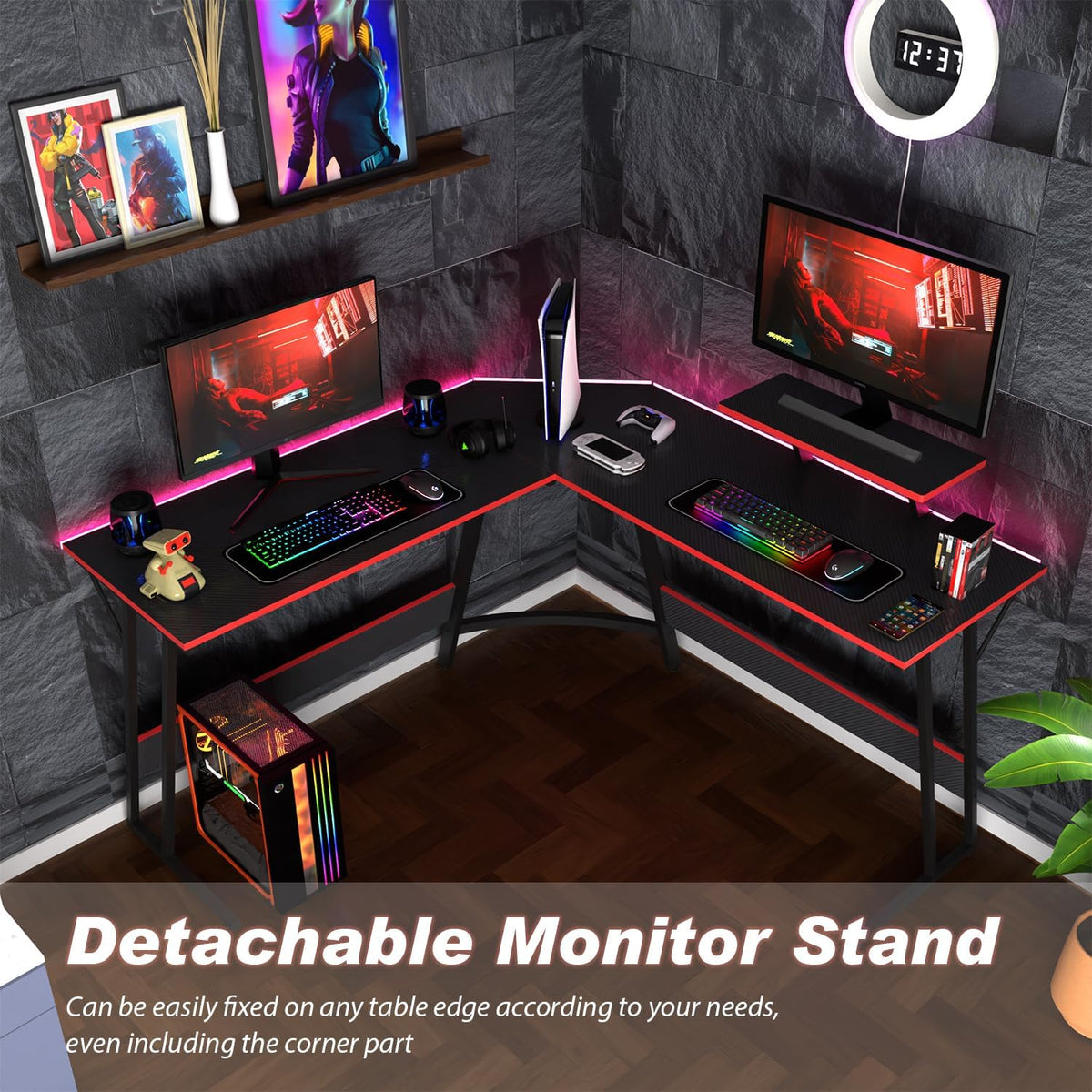 Black L Shaped Corner Computer Desk with Monitor Stand C5427