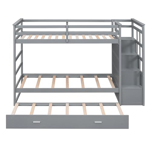 Full Over Full Wooden Bunk Bed with Trundle and Staircase Y192