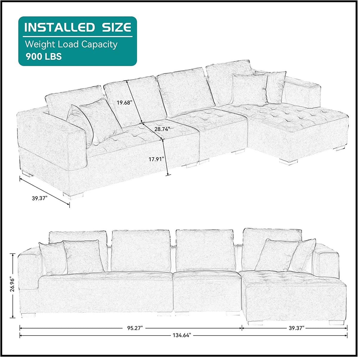 134.6'' L-Shape Sectional Sofa with Chaise Lounge V905601