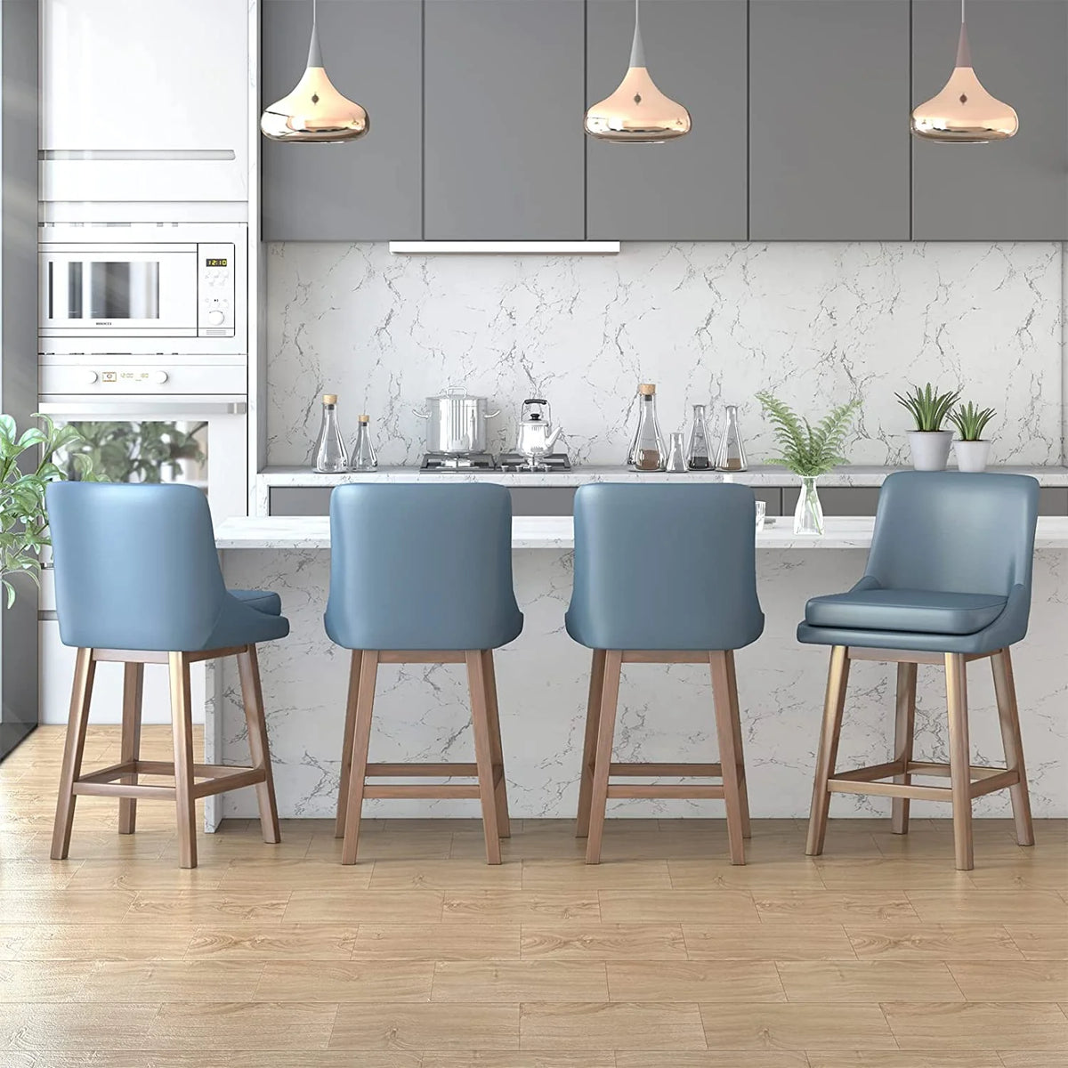 26" Counter Height Bar Stools, Solid Wood Faux Leather, Dark Blue Set of 4 L751