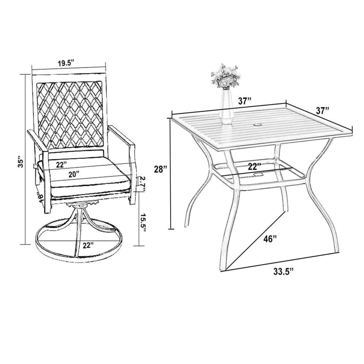 5-Piece Patio Dining Set with 4 Swivel Chairs & Square Table S379607