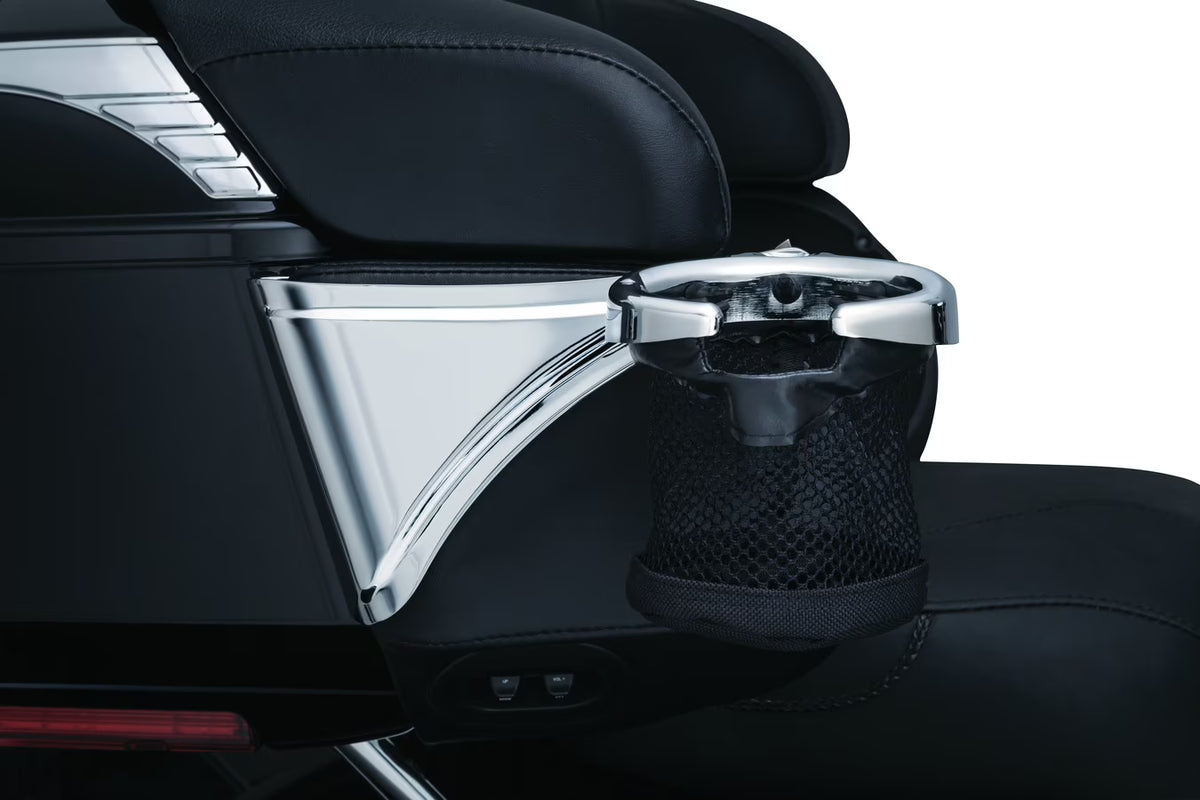 Chrome Motorcycle Passenger Drink Holder with Mesh Basket W3535