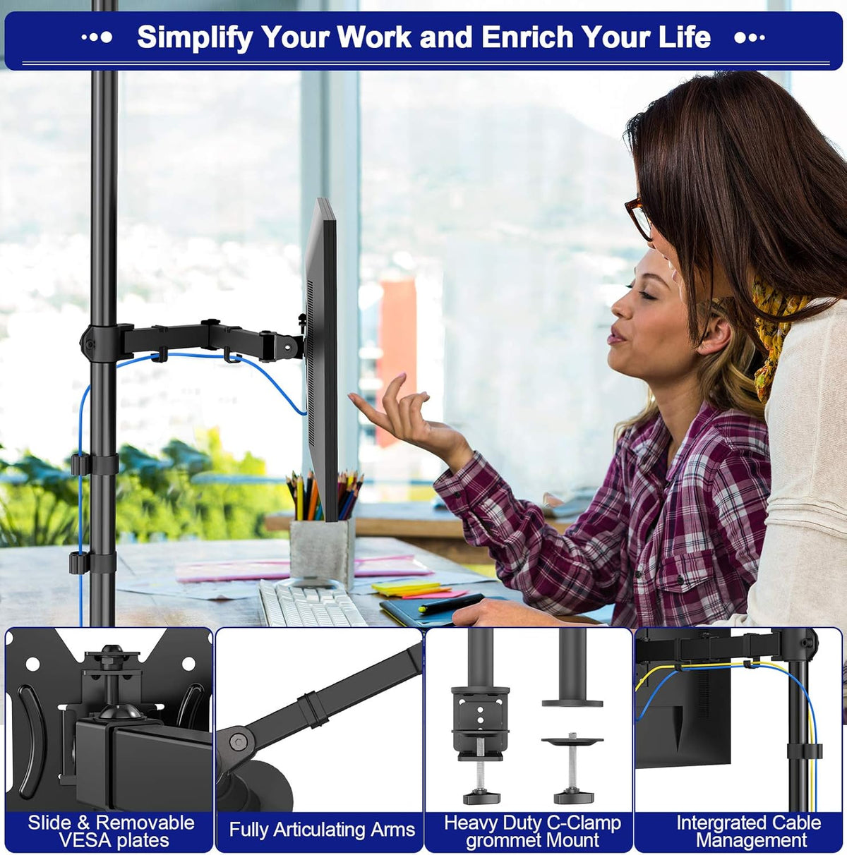 Single Monitor Mount 13-35 Inch, 39 Inch Tall, Fully Adjustable Arm, Pack of 2 J711