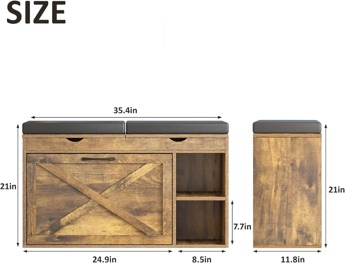 Rustic Brown Shoe Storage Bench with Flip Drawer C573632